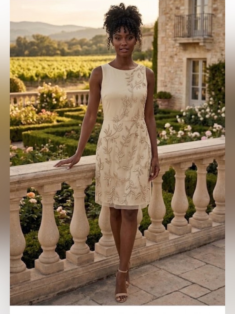 Badgley Mischka white with pearls sleeveless cocktail dress